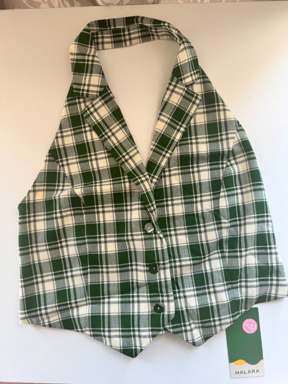 Halara Green Plaid Halter Vest Top Size M NWT Preppy Academia - Picture 2 of 6